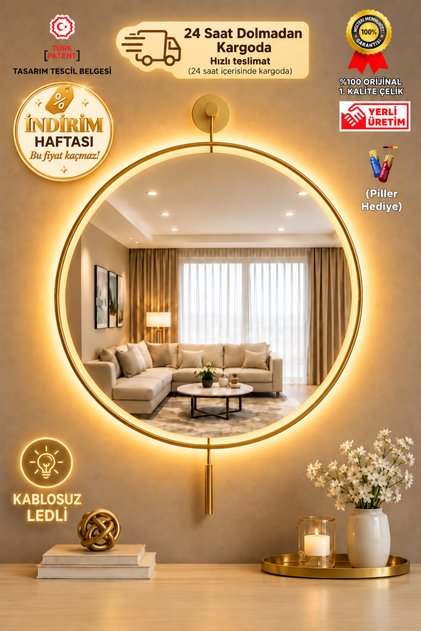 Orjinal GOLD Metal Çerçeveli Kablosuz LED’li Luxry Mirror Ayna 50x75 - 60x75 Cm - Modern Orjinal 1. Kalite Pilli LED’li Dekoratif LÜKS GOLD Metal Dresuar Aynası