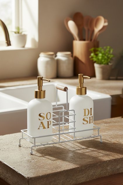 Stark White Metal Wooden Handle Stand Set of 2 Liquid Soap Dispenser White 420 Cc