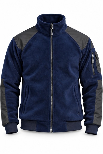 Polar Fleece Coat Zippered High Collar Navy Blue Casual Outerwear with Pockets
