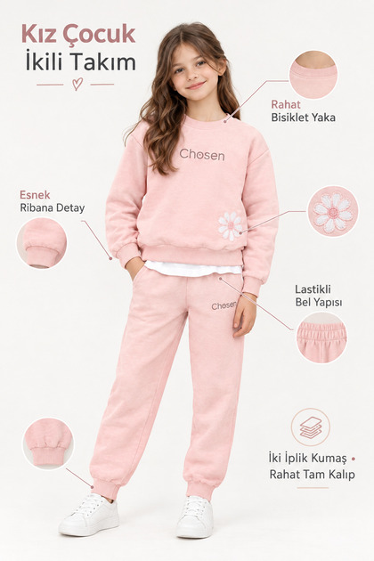 Girl's Chosen Written Floral Detailed Two-Piece Tracksuit Set Powder 1409