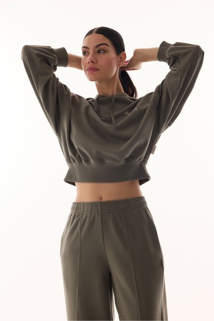 Haki Kapüşonlu Crop Uzun Kollu Sweatshirt