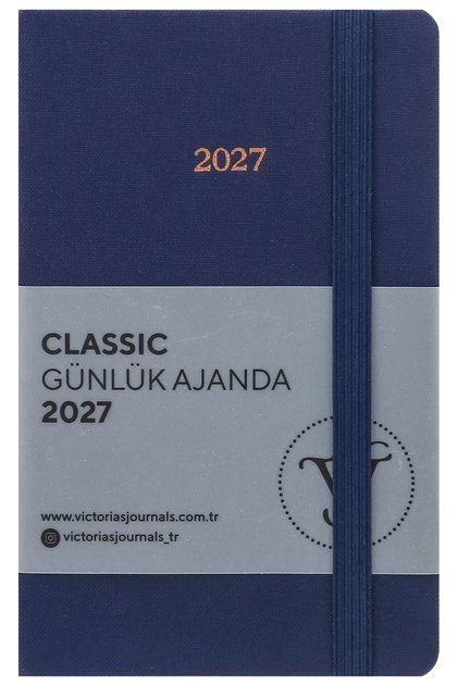 Classic 2027 Daily Planner – Linen Hard Cover, 9X14 Cm, Elastic, Pocketed – Navy Blue