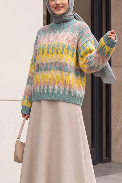 Üç Renkli Desenli Kalın Oversize Bisiklet Yaka Tesettür Triko Kazak -Mint
