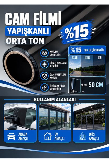 15% Black Medium Tint Window Film (50 cm X 2 Meters) Cuts 80% of Light - Suitable for Cars