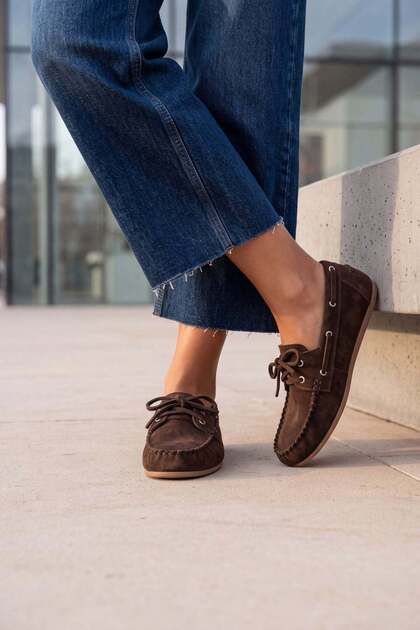 Women's Oval Toe Genuine Leather Lace-Up Moccasin Drawstring Loafer Casual Shoes Rudez Light Brown Suede