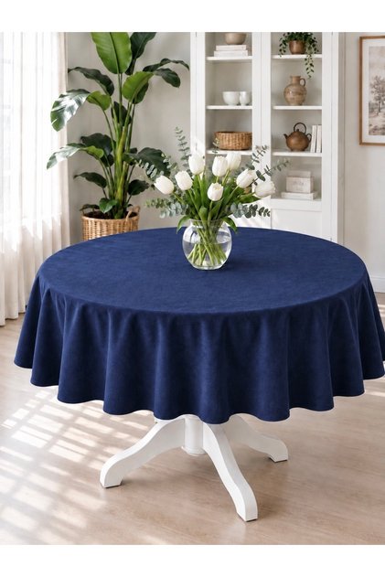 Pearl Velvet Textured Round Tablecloth Navy Blue
