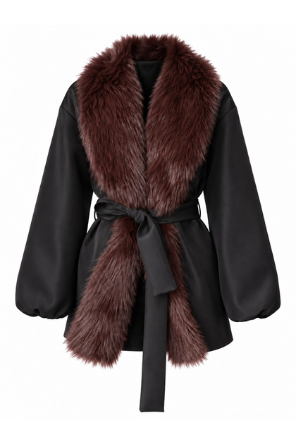 Women's Black Fur Collar Layered Collar Detailed Belted Coat