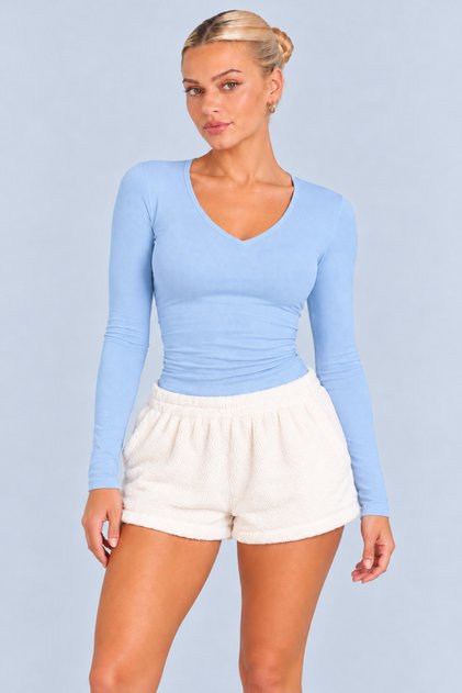Women's Baby Blue V-Neck Long Sleeve Basic Soft Body Blouse Daily Stylish Top Cotton Breathable Fabric