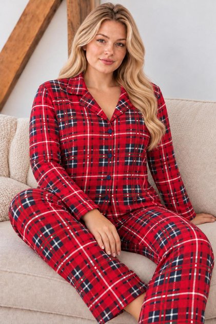 Luxury Suede Knitted Fabric Buttoned Plaid Pattern Long Sleeve Plus Size Women's Pajama Set