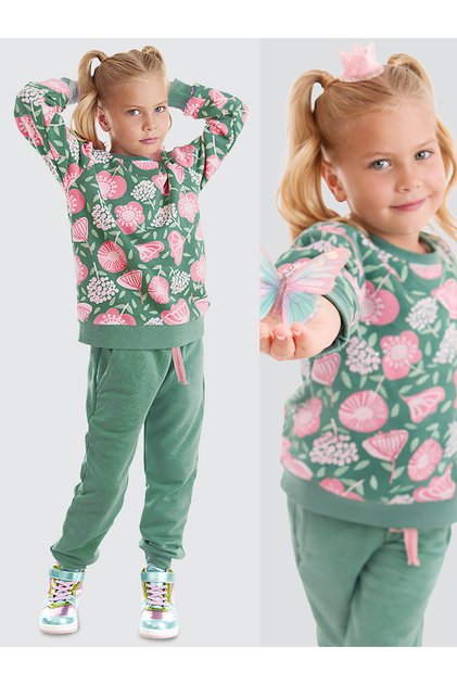 Girls' Winter Floral Patterned Green Long Sleeve Tracksuit Set 4-10 Years Old