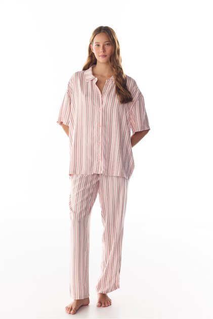 Sleep Mode Striped Short Sleeve Shirt Pants Pajama Set