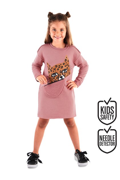 Pink Leopard Pocket Long Sleeve Girls' Dress