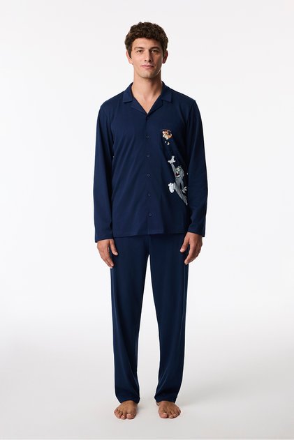 Men's Navy Blue Tom&Jerry Long Sleeve Shirt Pants Pajama Set