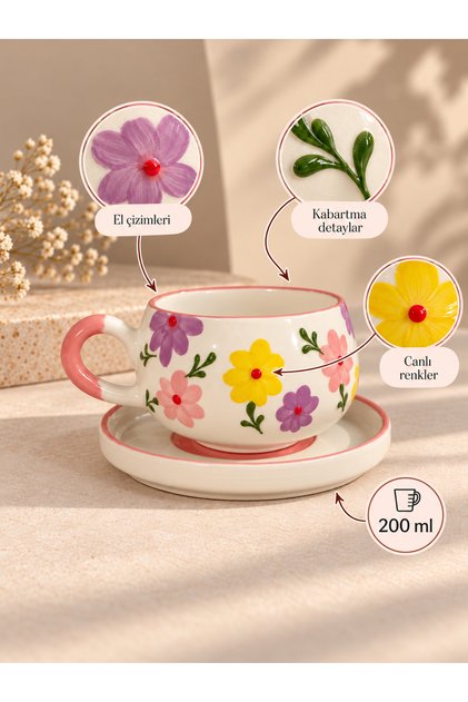 Renkli çiçek desenli el yapımı seramik tabaklı çay/kahve fincanı 200ml