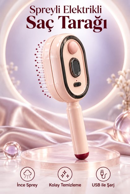 Spreyli Elektrikli Saç Tarağı – 300 mAh Type‑C Şarjlı, İnce Spreyli Antistatik Bakım Fırçası