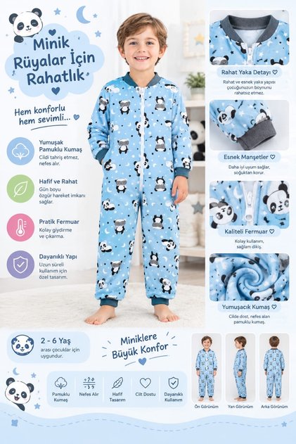 KIZ ERKEK BEBEK ÇOCUK KALIN ELYAF DOLGULU PANDA DESENLİ UYKU TULUMU 2.5 TOG