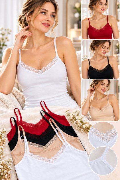 Women's 4-Pack Lace Athlete Undershirt with String Straps Cotton Lycra Basic Athlete Undershirt White Black Skin Burgundy
