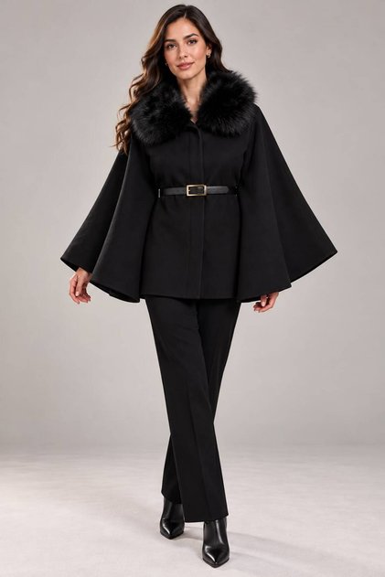 Fur Collar Belted Cashmere Poncho