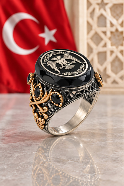 925 Ayar Motifli Çift Başlı Selçuklu Kartalı Erkek Gümüş Yüzük