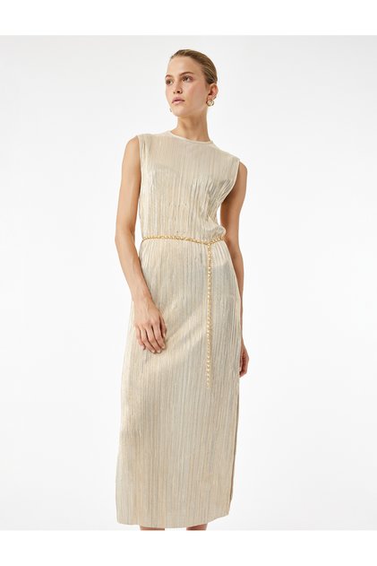 Sleeveless Crew Neck Pleated Midi Length Pencil Dress