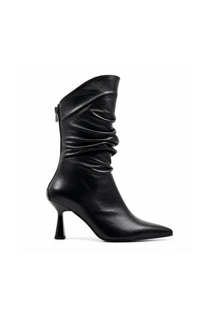 Black Leather Gathered Heeled Women's Boots - 8 cm Thin Heel