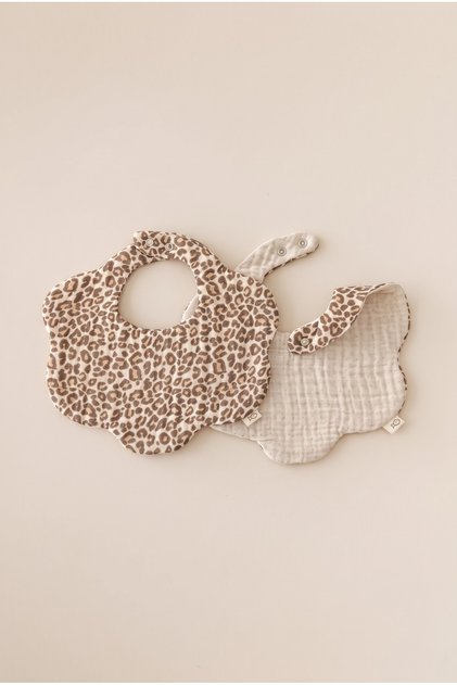 2-Piece Floral Leopard-Beige 100% Cotton 8-Layer Muslin Baby Drool Bib Set/Nickel Free Snap Fastener