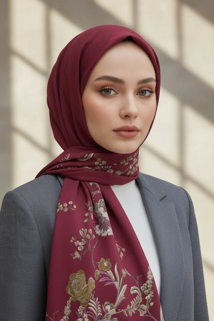 KREP NAKIŞ ÇİÇEK DESENLİ BORDO RENKLİ 75X195 KIRIŞMAZ ŞAL