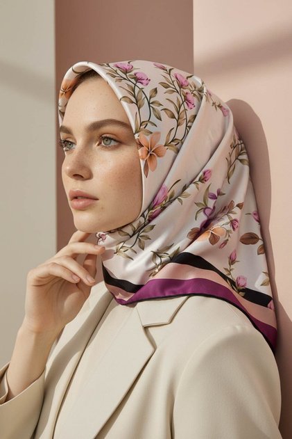Rayon Çiçek Desenli Lila Renkli 90x90 Eşarp (İpek İçermez) Dikim Şekli : El Dikişi