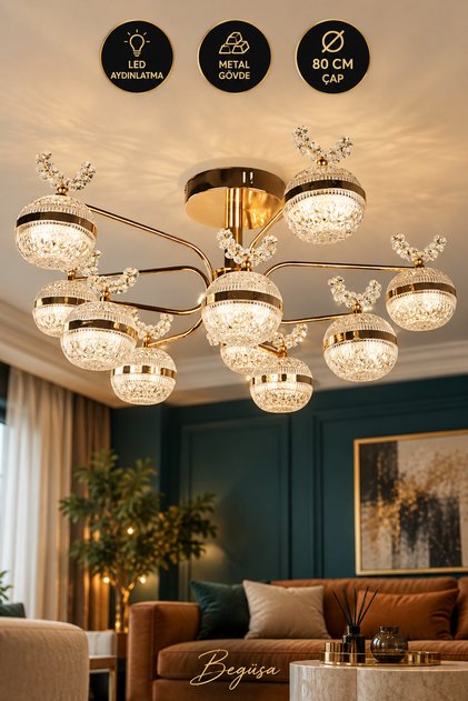 Lord Ledli 10.Lu Avize Gold Kaplama, Modern LED Aydınlatma, Gold Detaylı Avize, Şık Tavan Tasarımı, Salon Aydınlatması, Oturma Odası Dekorasyonu
