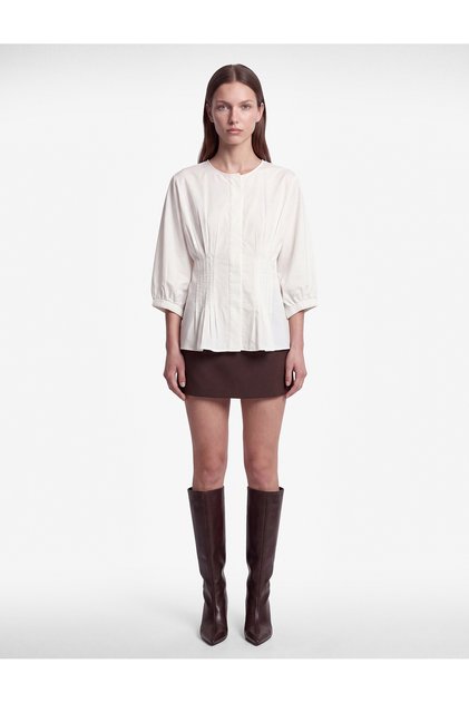 Cotton Buttoned Crew Neck Pleated Short Balloon Sleeve Peplum Shirt