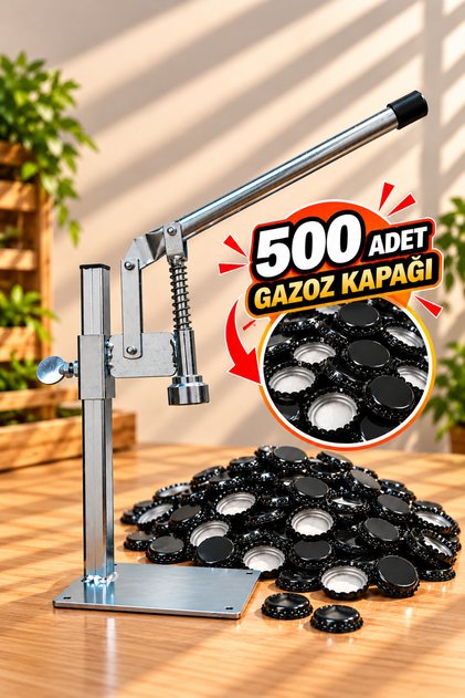 Gazzel Şişe Kapatma Aleti Gazoz Soda Şişesi Taç Kapak Makinası + 500 Adet Gazoz Kapağı