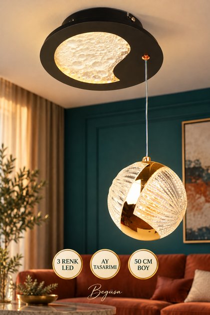 Ay Ledli Tekli Avize Siyah, LED Avize, Modern Tekli Avize, Dekoratif Tavan Aydınlatma, Hol ve Koridor Avizesi, Antre Aydınlatması