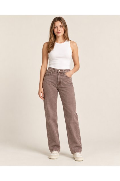Kadın Kahverengi Yüksek Straight Jean Pantolon