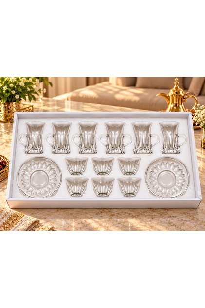 18 PCS Glass Cup Set, 6 Tea Cups, 6 Cawa, Cups 6 Saucers Durable Design for Tea & Coffee & Cawa
