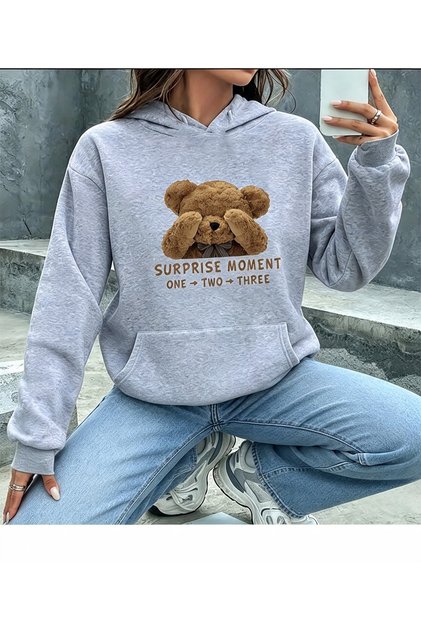 Surprise Moment Teddy Print Detailed Hooded Sweatshirt