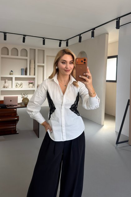 dantelă Detaliu Spate cu detaliu cu șnur Alb poplin Cămașă