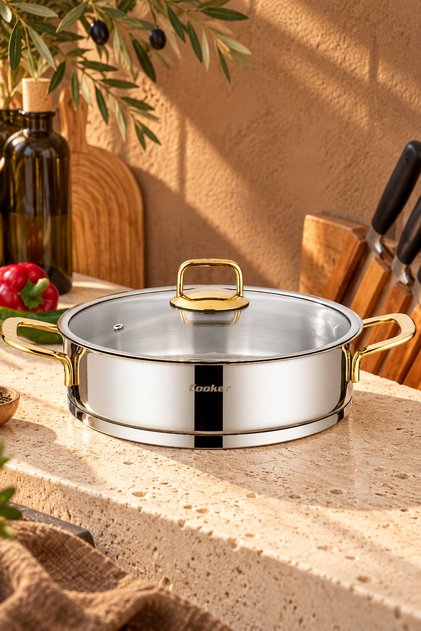 24 cm Bomonti Stainless Steel Flat Pot with Gold Handle