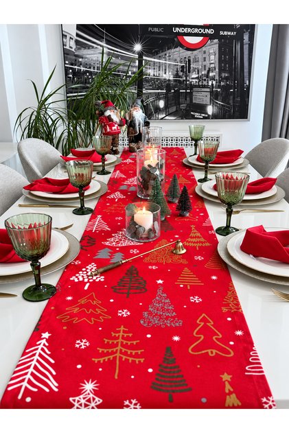 New Year Themed Tree Patterned Christmas Red Runner (Napkins Not Included)