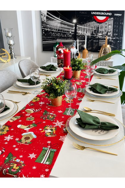 New Year Themed Red and Green Figured Runner Christmas Table New Year's Table Runner (Napkin Not Included)