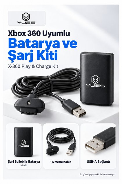 Xbox 360 Uyumlu Oyun Kolu Şarj Kiti, Şarj Edilebilir Batarya ve 1,5 m USB Kablo, Siyah