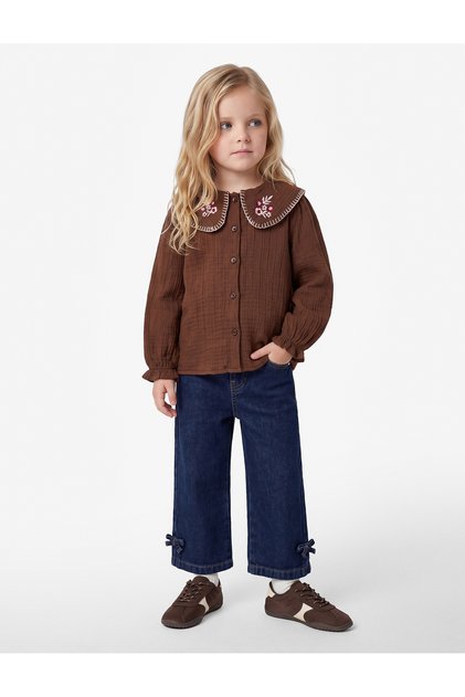 Embroidery Detailed Cotton Long Sleeve Muslin Baby Collar Shirt