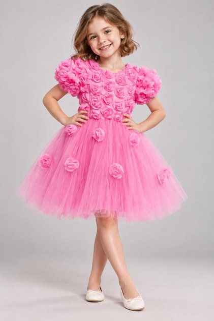 Rosali Lace Detail Girl's Tulle Evening Dress M00803 PINK