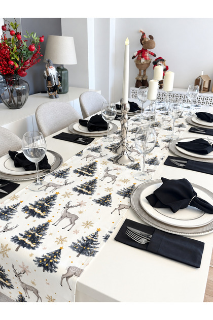 New Year Themed Gazelle Patterned White Gray Gold Christmas Runner (Napkin Not Included)