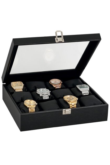 12 Li Black Leather Wooden Glass Padded Watch Box St12-23