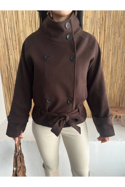 High Collar Buttoned Belted Cashmere Jacket