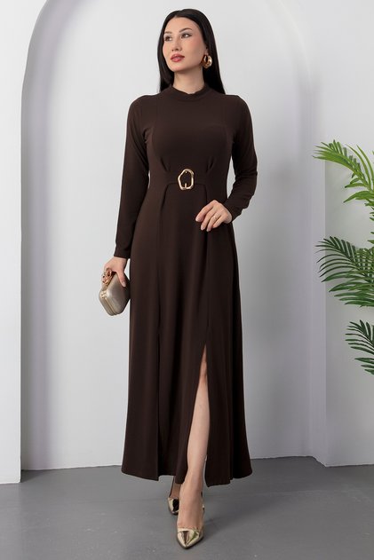 Mock Neck Long Sleeve Buckle Acrylic Dress 2025-4407