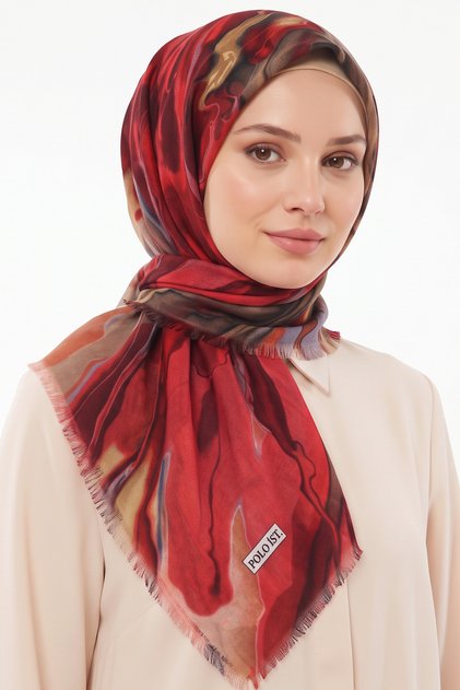 Women's Red Burgundy Abstract Patterned Cotton Flared Scarf