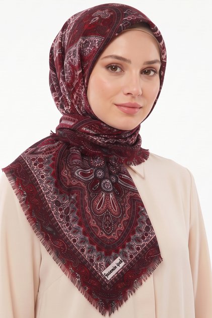 Women's Burgundy Powder Ethnic Patterned Flared Scarf