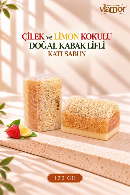 Natural Pumpkin Fiber Solid Soap with Strawberry and Lemon Scent 130Gr