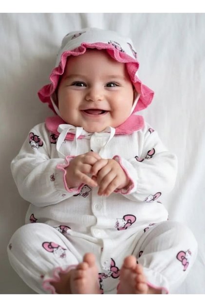 Mi̇lays Hello Ki̇tty Patterned 2-Piece Muslin Jumpsuit and Hat 0/3 Months